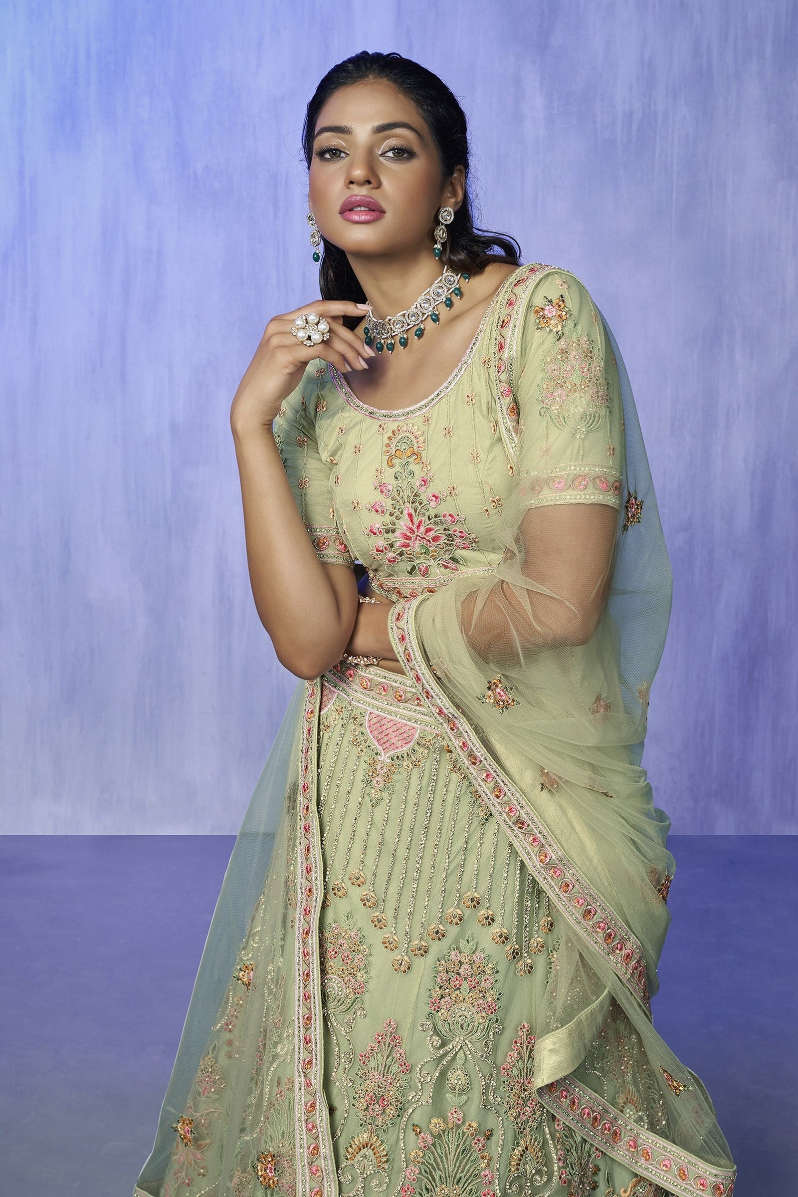 Green Pakistani Net Lehenga Choli For Indian Festivals & Weddings