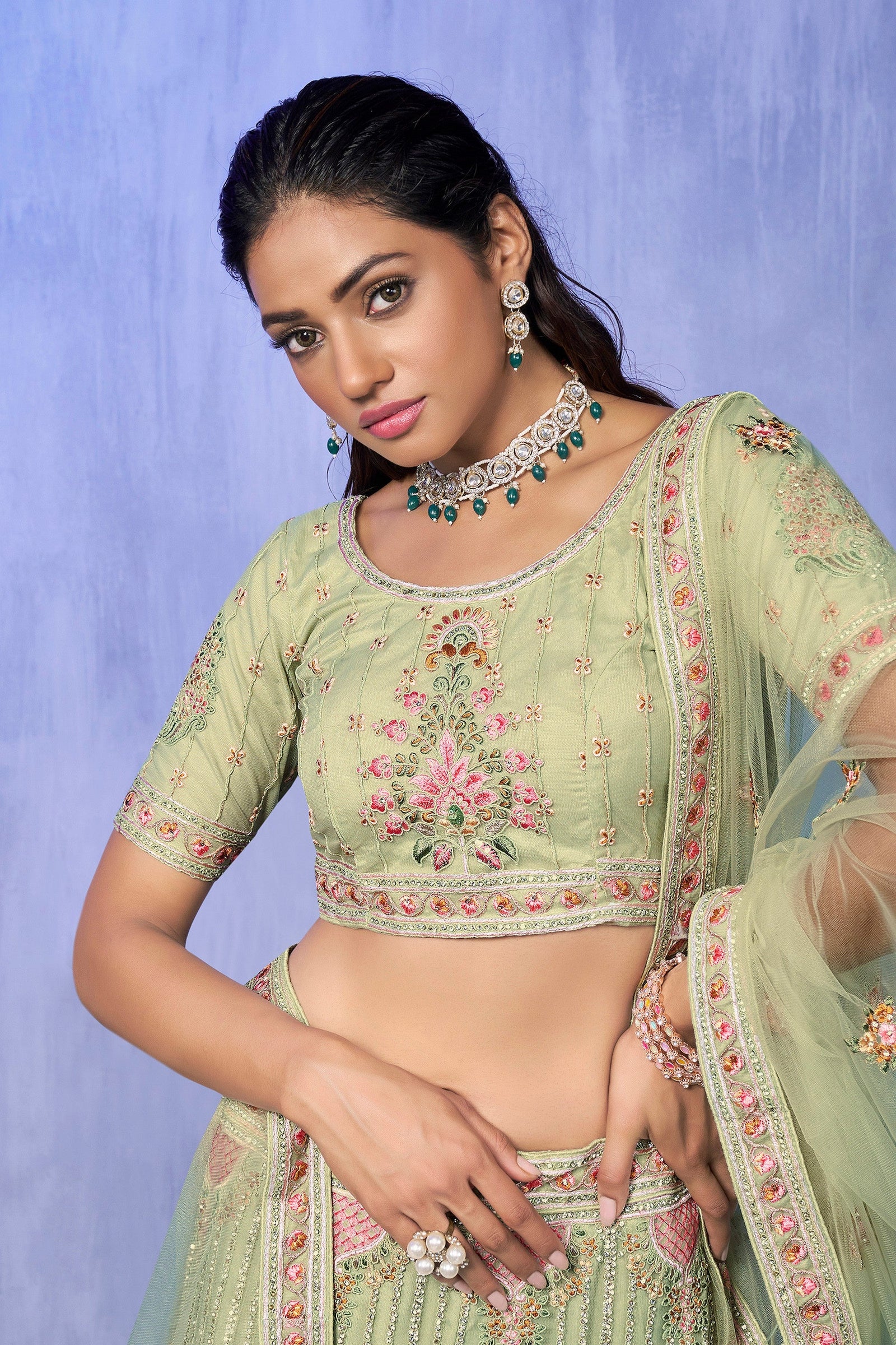 Green Pakistani Net Lehenga Choli For Indian Festivals & Weddings