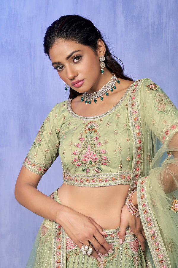 Green Pakistani Net Lehenga Choli For Indian Festivals & Weddings