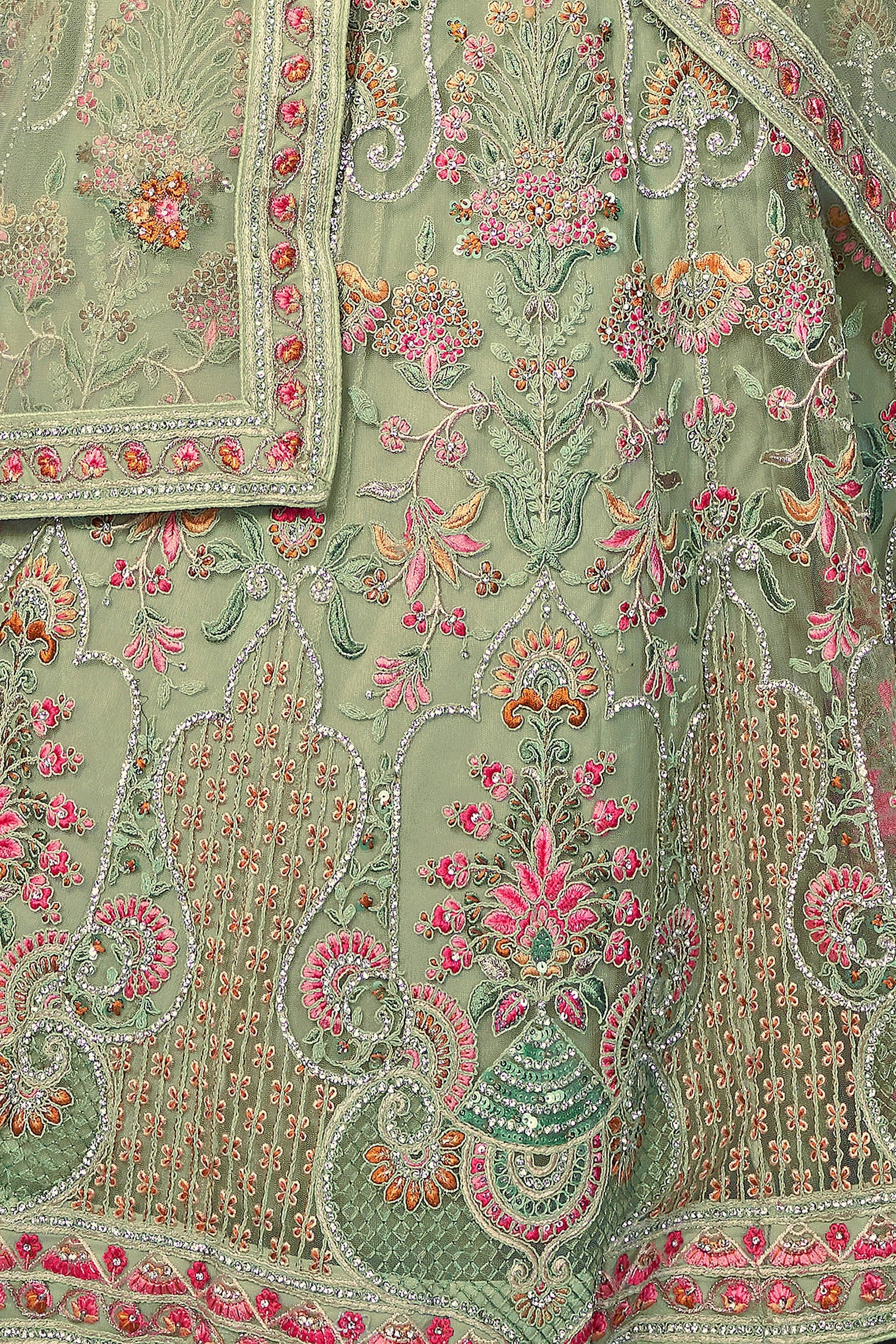 Green Pakistani Net Lehenga Choli For Indian Festivals & Weddings