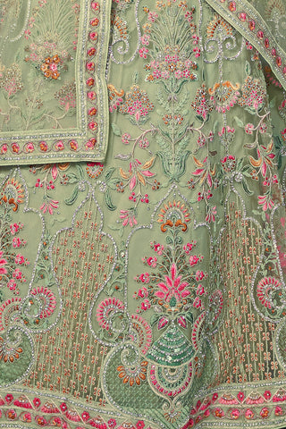 Green Pakistani Net Lehenga Choli For Indian Festivals & Weddings