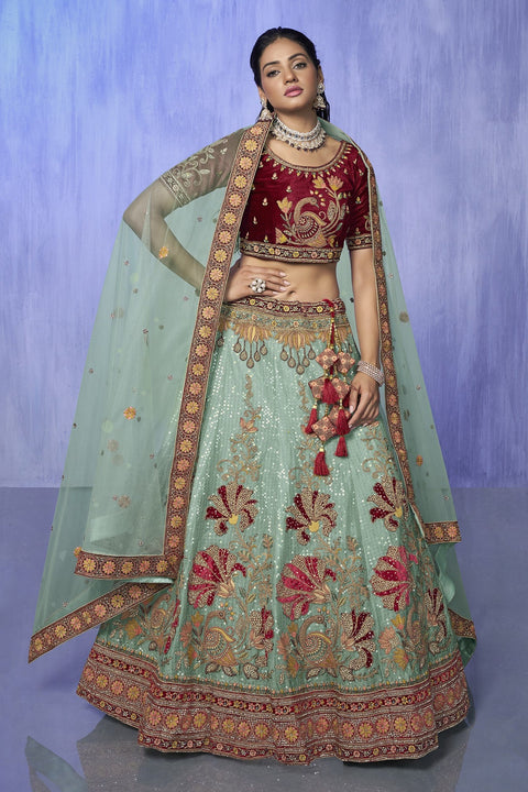 Turquoise Pakistani Velvet Lehenga Choli For Indian Festivals & Weddings Main image