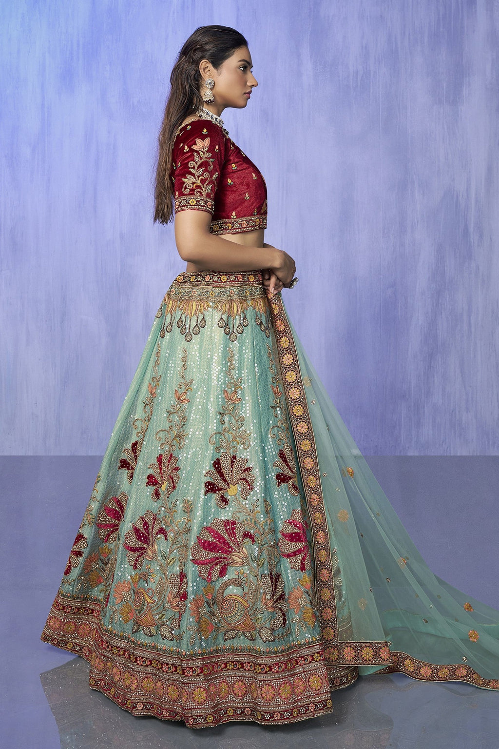 Turquoise Pakistani Velvet Lehenga Choli For Indian Festivals & Weddings