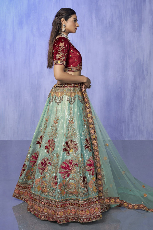 Turquoise Pakistani Velvet Lehenga Choli For Indian Festivals & Weddings