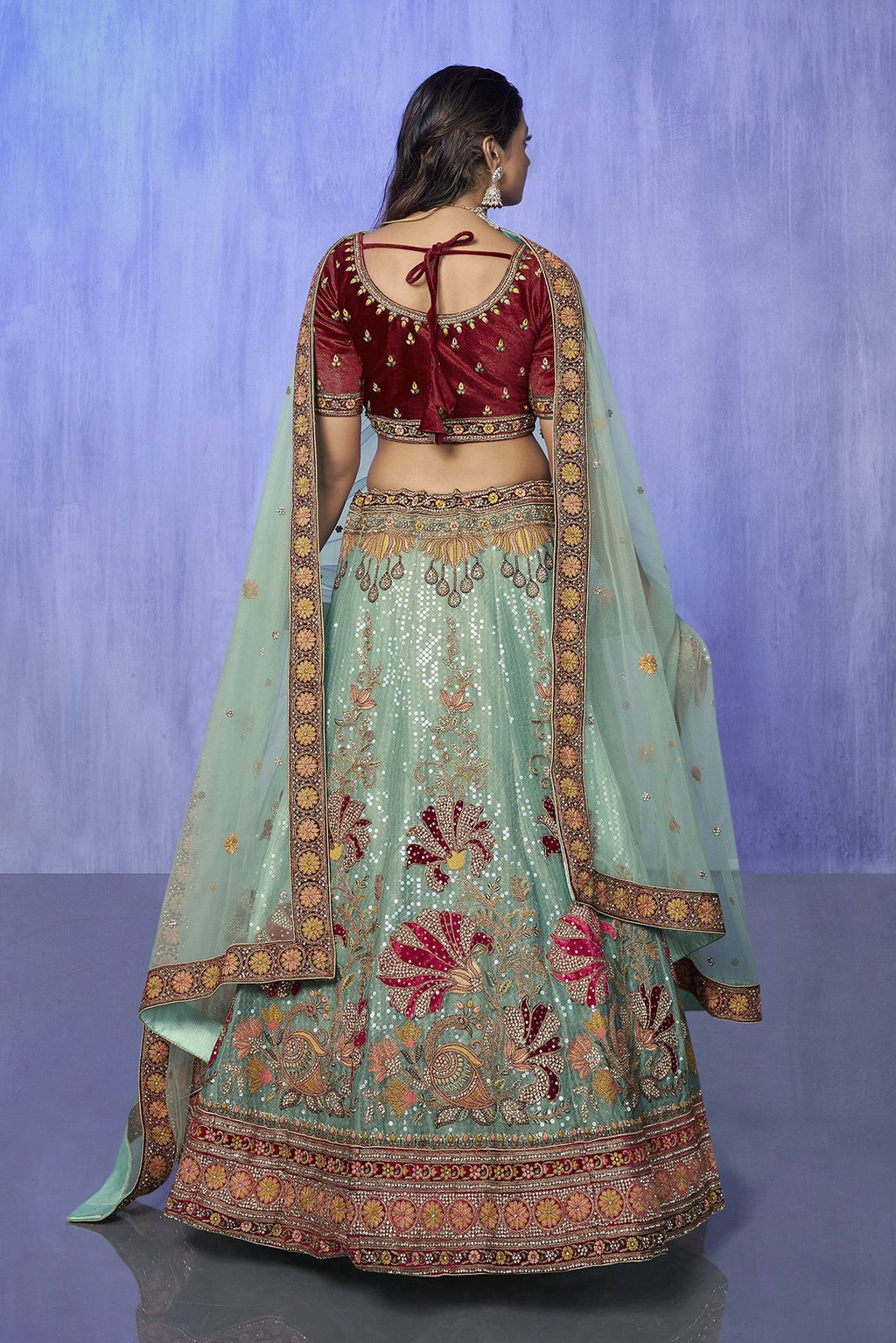 Turquoise Pakistani Velvet Lehenga Choli For Indian Festivals & Weddings