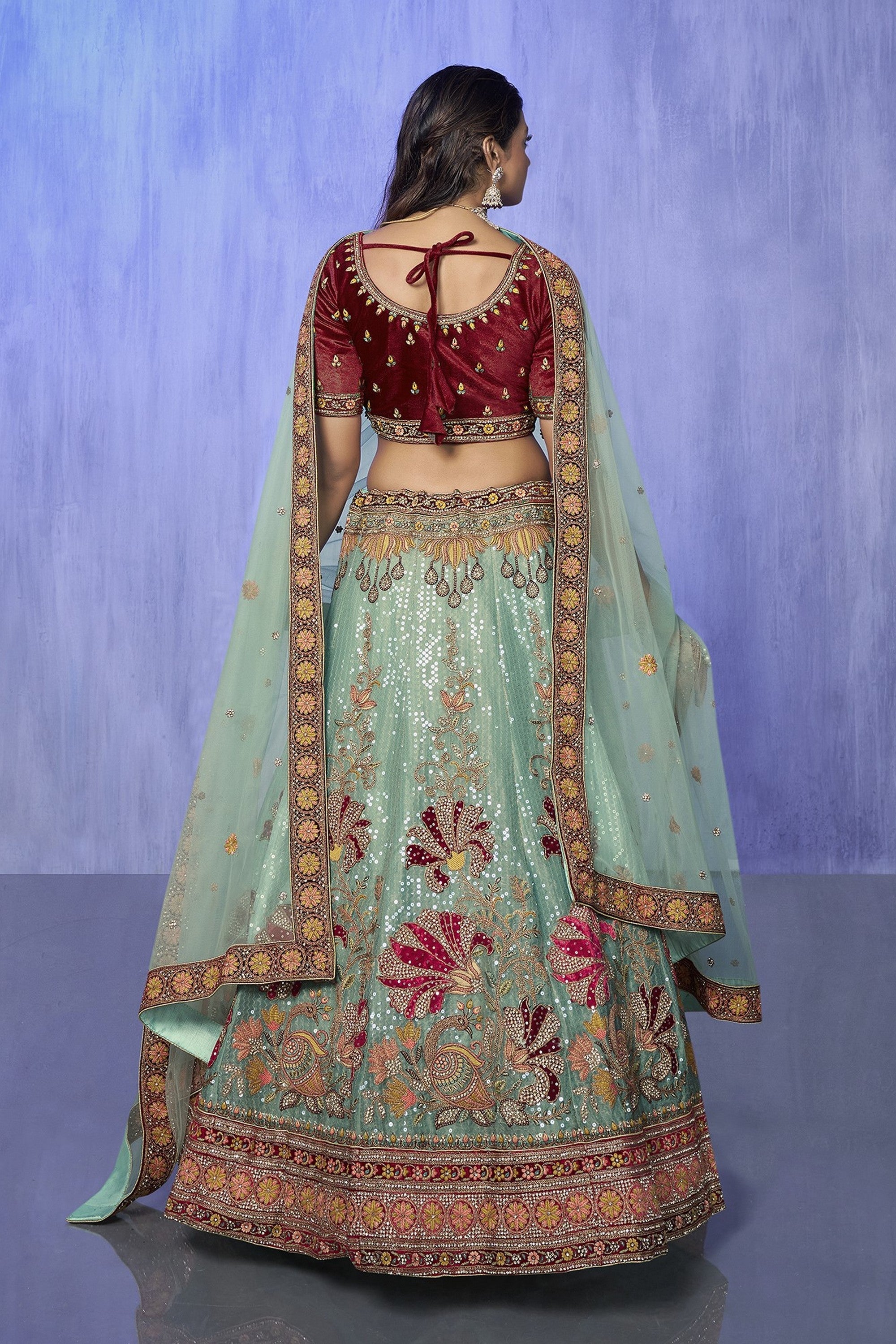 Turquoise Pakistani Velvet Lehenga Choli For Indian Festivals & Weddings