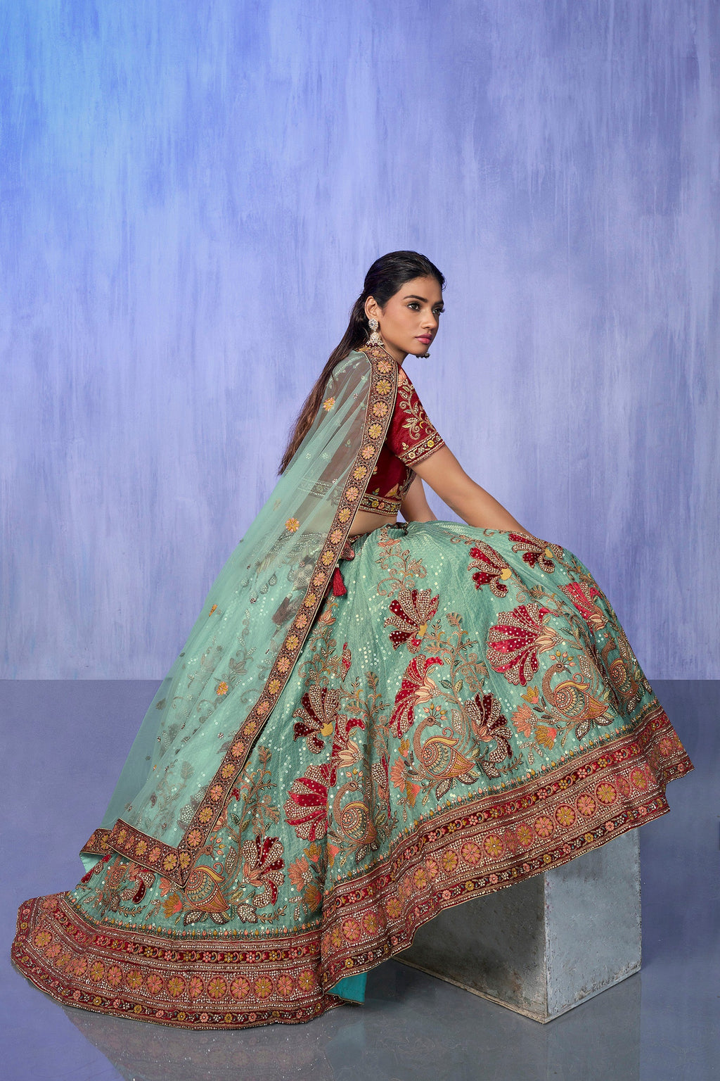 Turquoise Pakistani Velvet Lehenga Choli For Indian Festivals & Weddings