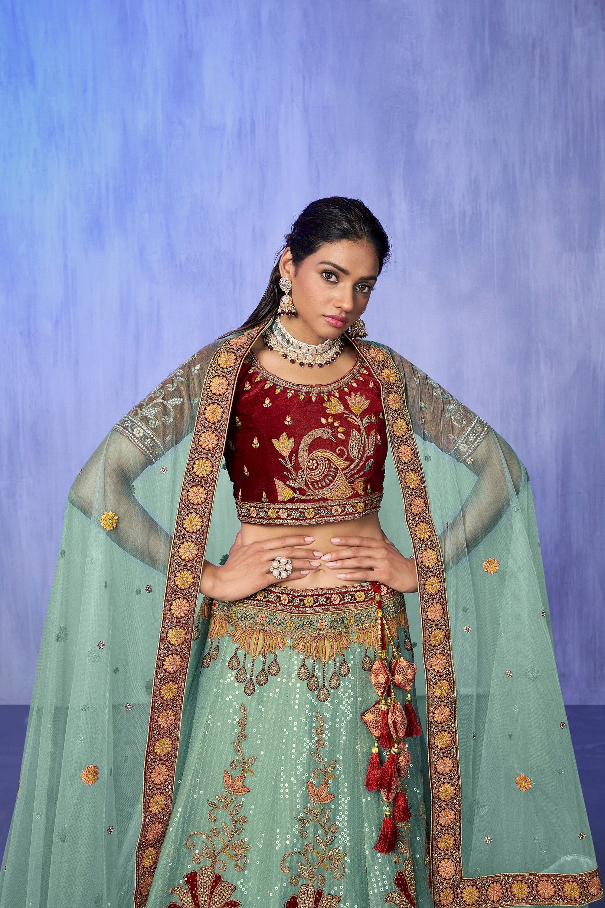 Turquoise Pakistani Velvet Lehenga Choli For Indian Festivals & Weddings