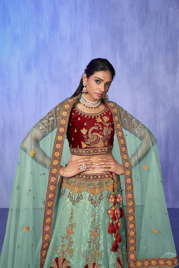 Turquoise Pakistani Velvet Lehenga Choli For Indian Festivals & Weddings