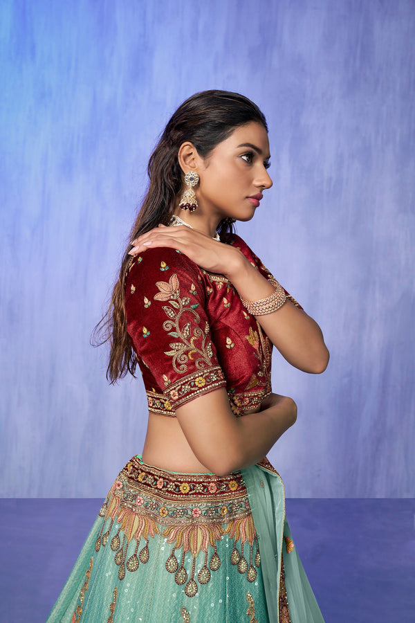 Turquoise Pakistani Velvet Lehenga Choli For Indian Festivals & Weddings
