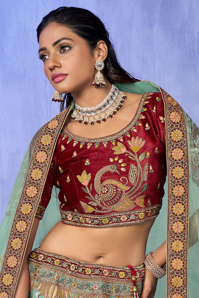 Turquoise Pakistani Velvet Lehenga Choli For Indian Festivals & Weddings