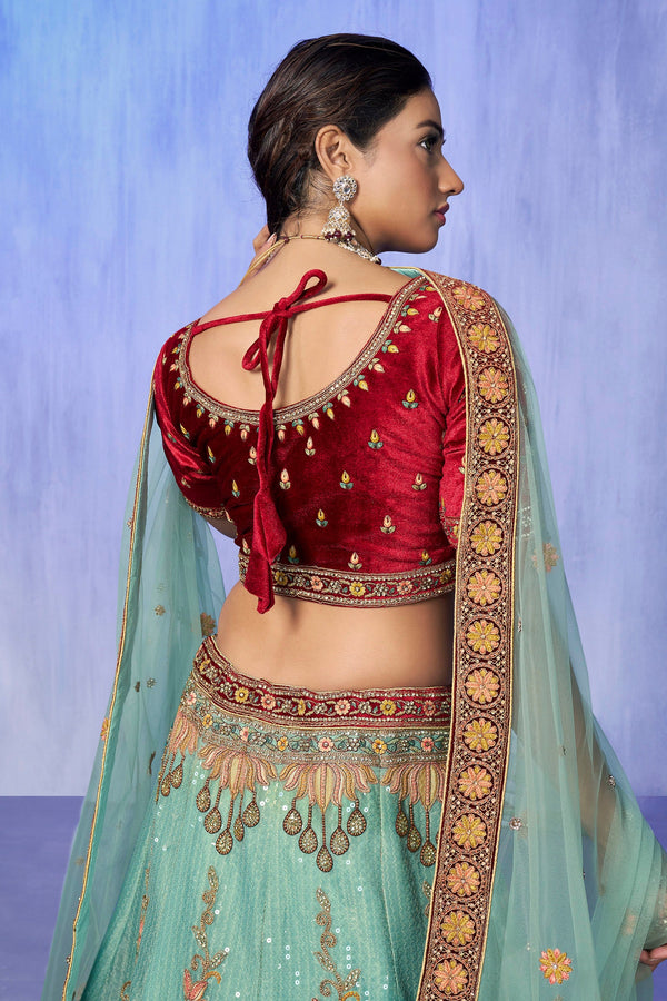 Turquoise Pakistani Velvet Lehenga Choli For Indian Festivals & Weddings