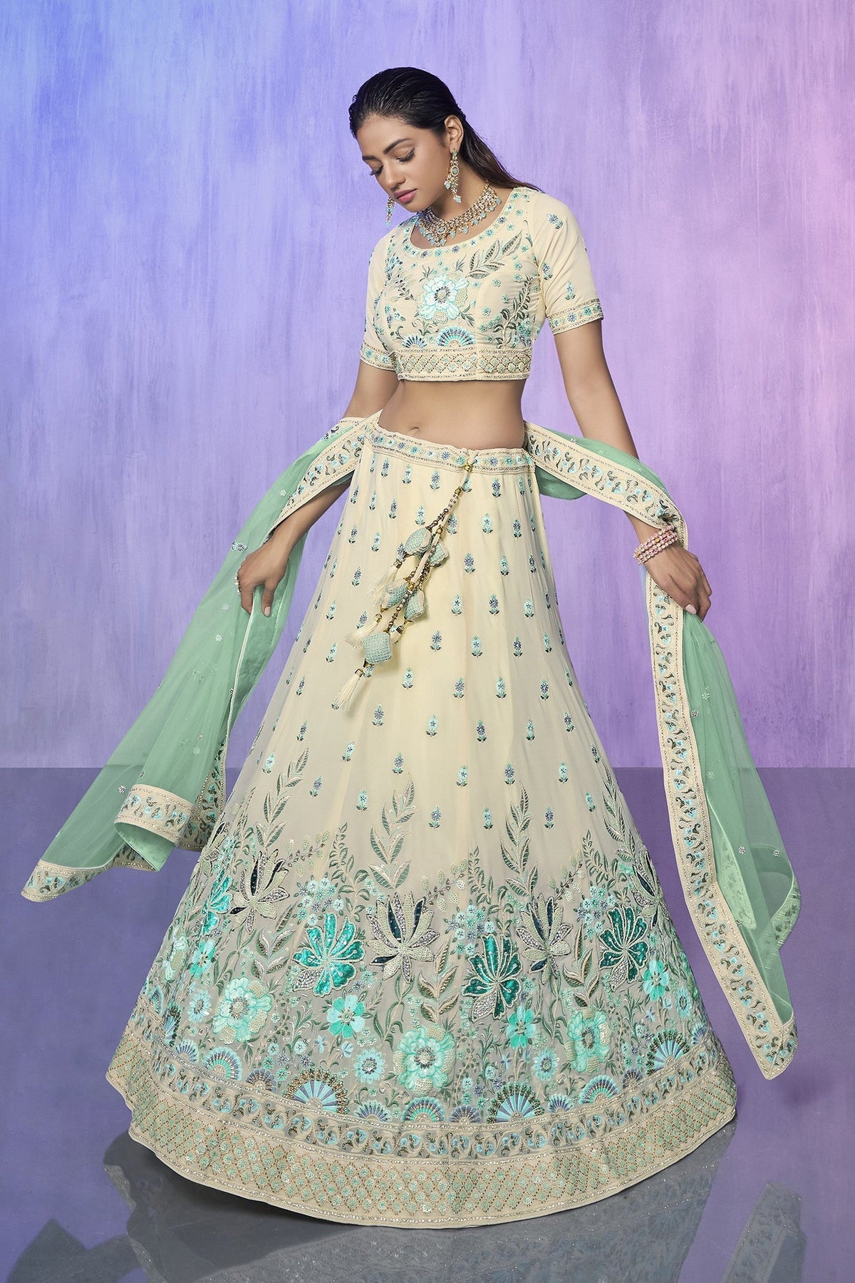 White Pakistani Georgette Lehenga Choli For Indian Festivals & Weddings Main image