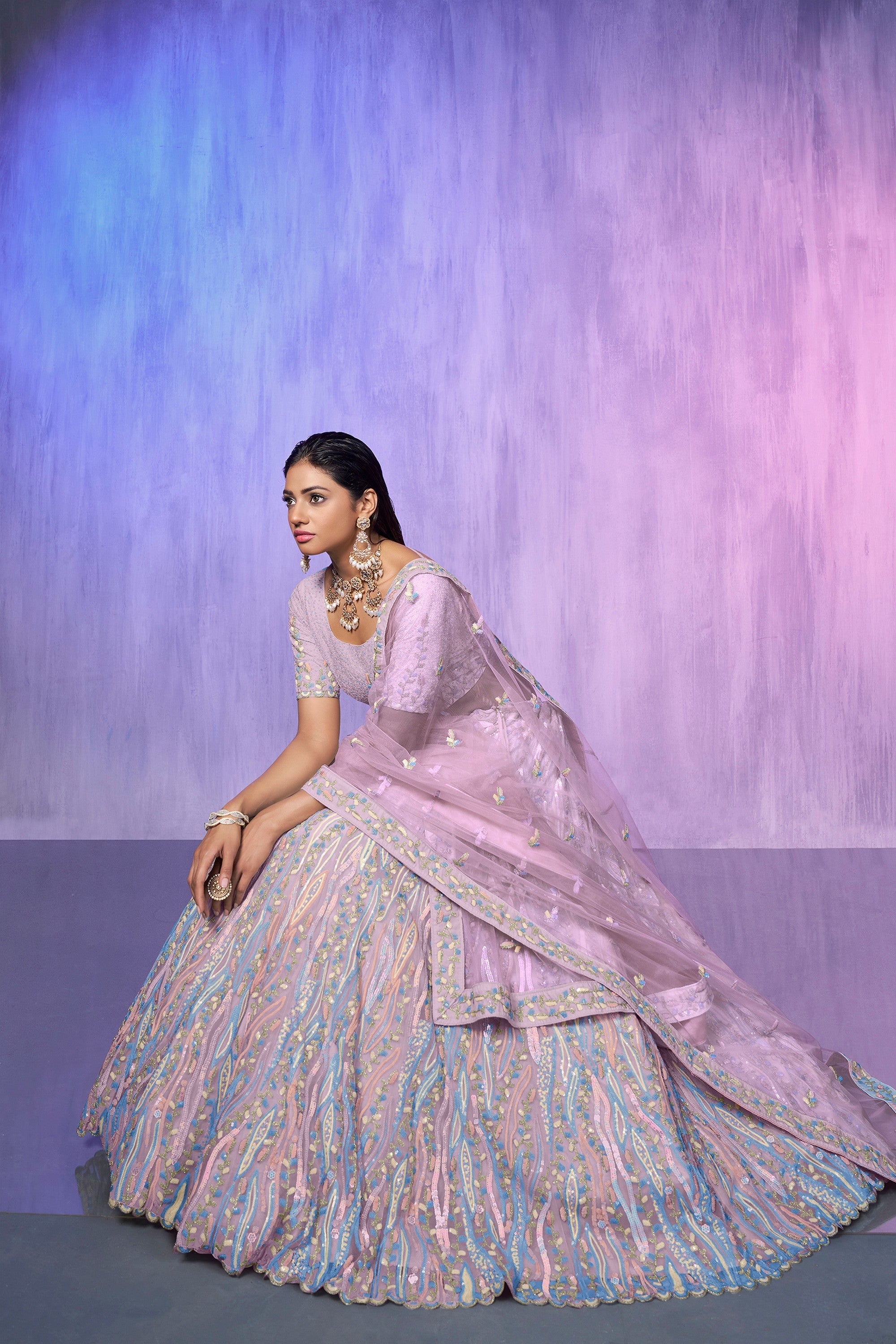 Lavender Pakistani Organza Lehenga Choli For Indian Festivals & Weddings