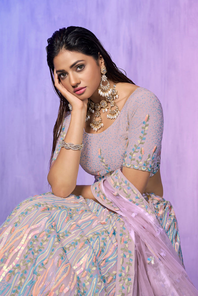 Lavender Pakistani Organza Lehenga Choli For Indian Festivals & Weddings