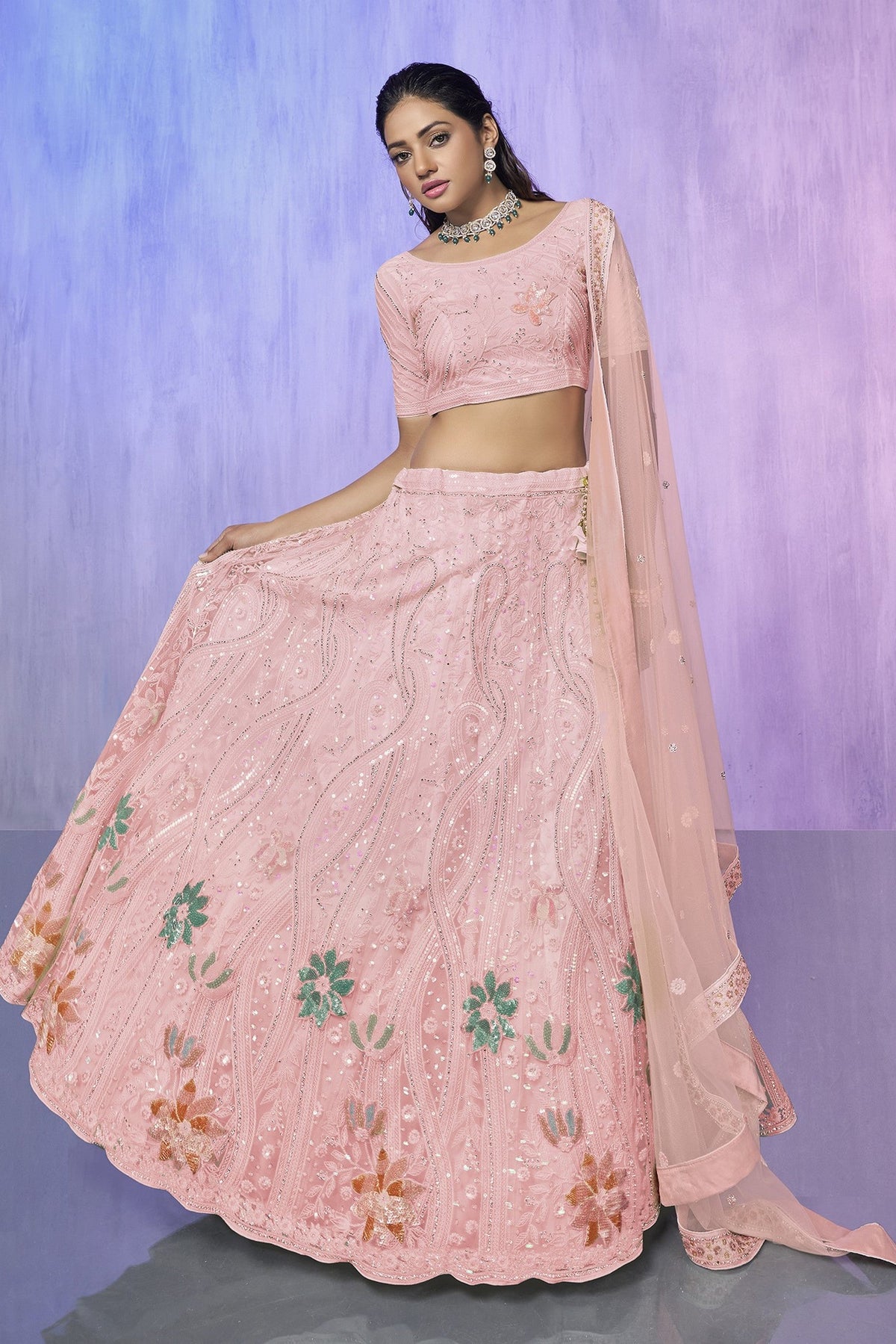 Peach Pakistani Net Lehenga Choli For Indian Festivals & Weddings Main image