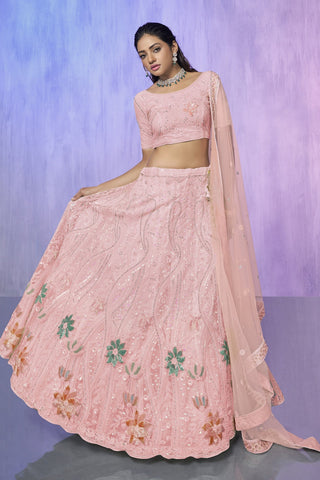 Peach Pakistani Net Lehenga Choli For Indian Festivals & Weddings