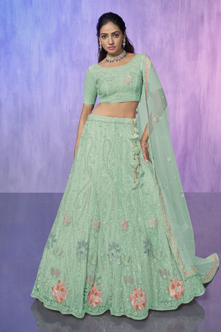Green Pakistani Net Lehenga Choli For Indian Festivals & Weddings