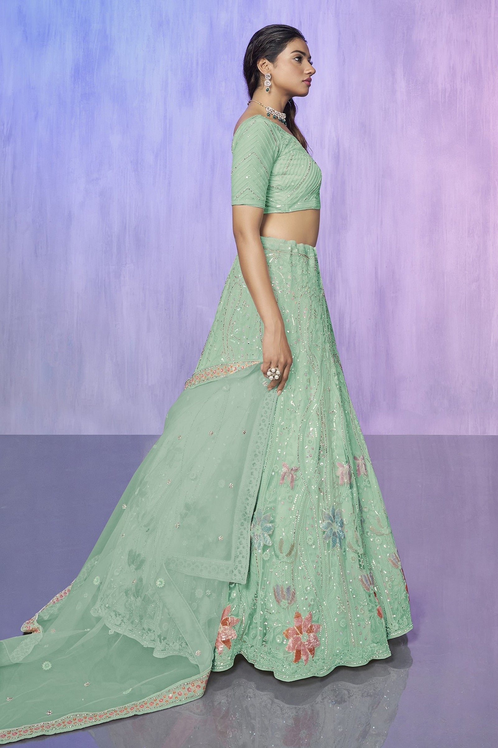 Green Pakistani Net Lehenga Choli For Indian Festivals & Weddings