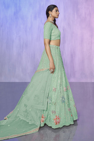Green Pakistani Net Lehenga Choli For Indian Festivals & Weddings