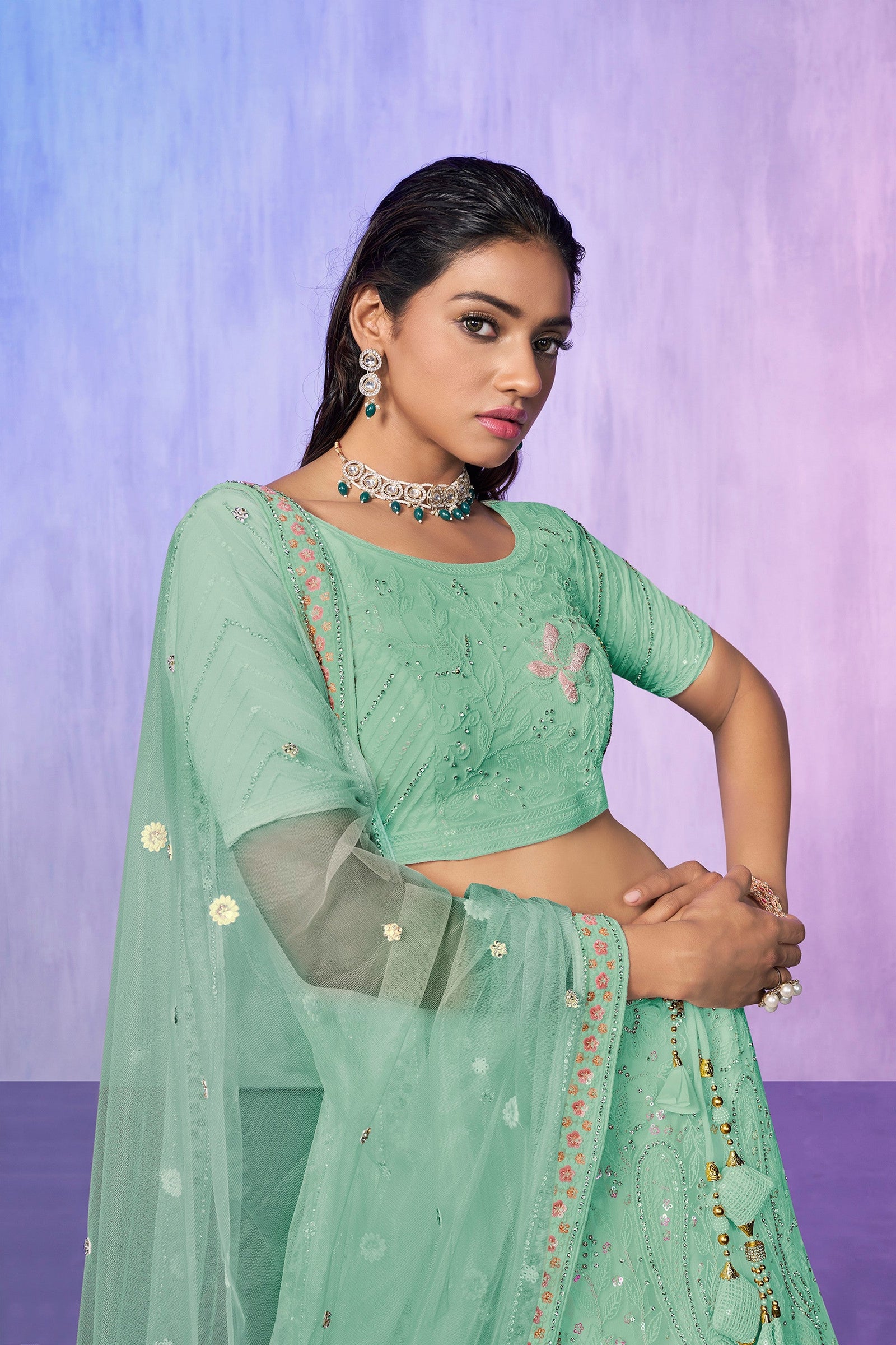 Green Pakistani Net Lehenga Choli For Indian Festivals & Weddings