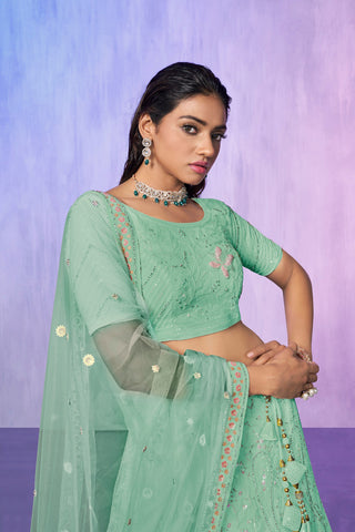 Green Pakistani Net Lehenga Choli For Indian Festivals & Weddings
