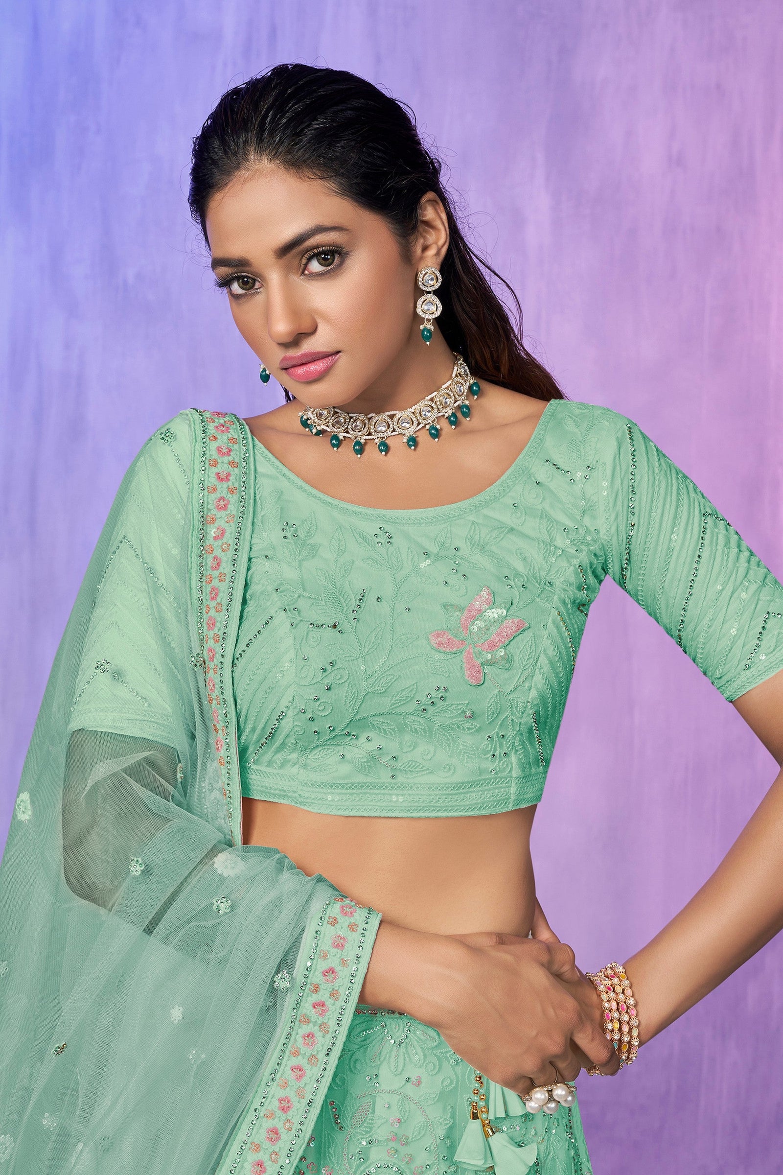 Green Pakistani Net Lehenga Choli For Indian Festivals & Weddings