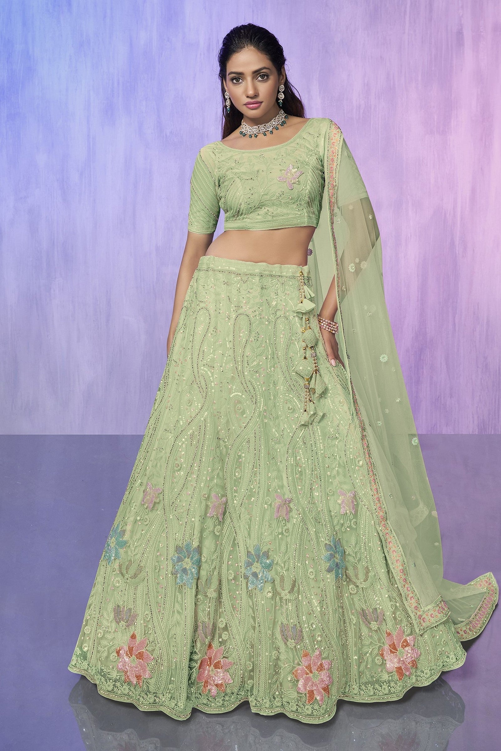Green Pakistani Net Lehenga Choli For Indian Festivals & Weddings