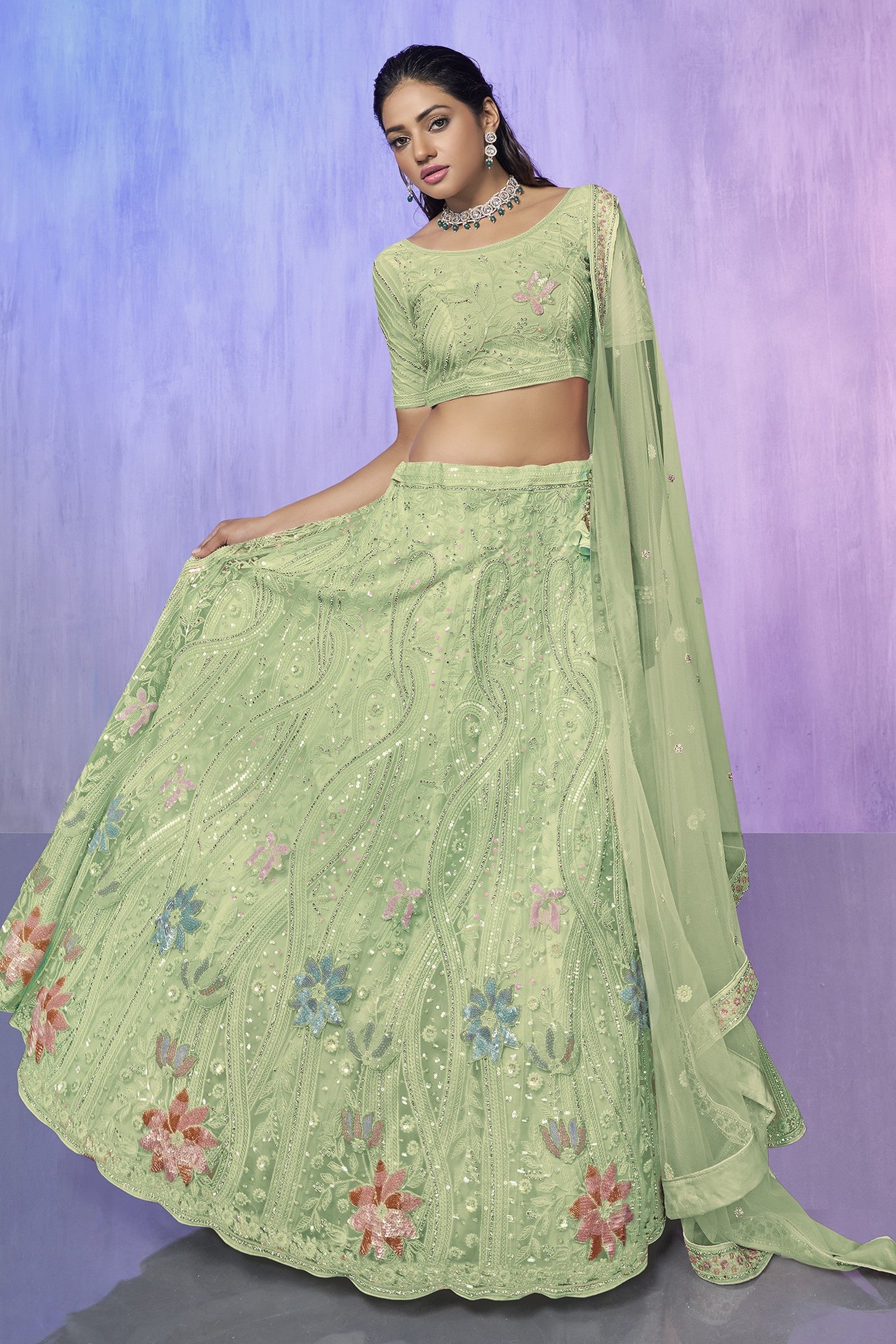 Green Pakistani Net Lehenga Choli For Indian Festivals & Weddings Main image