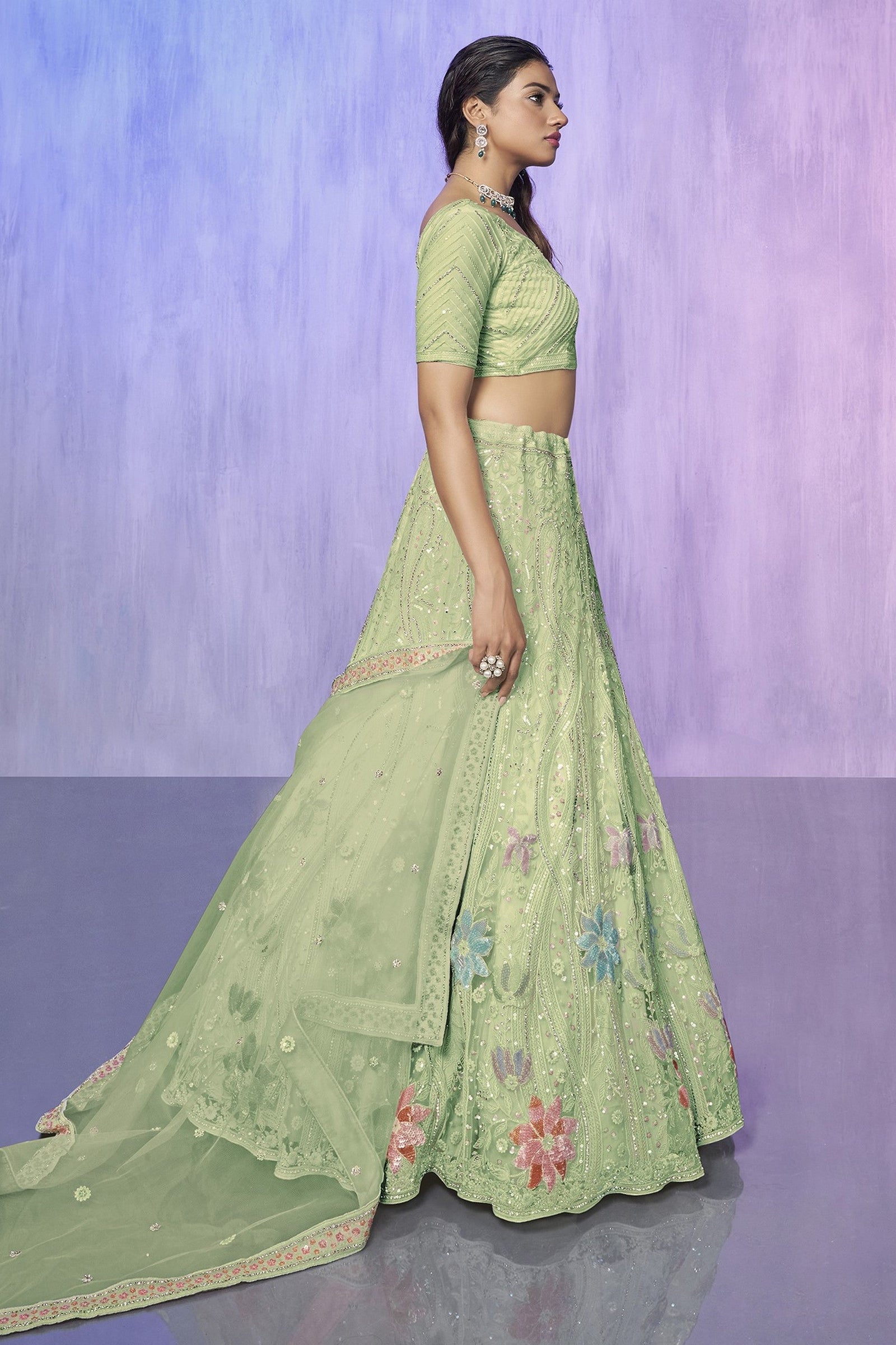 Green Pakistani Net Lehenga Choli For Indian Festivals & Weddings