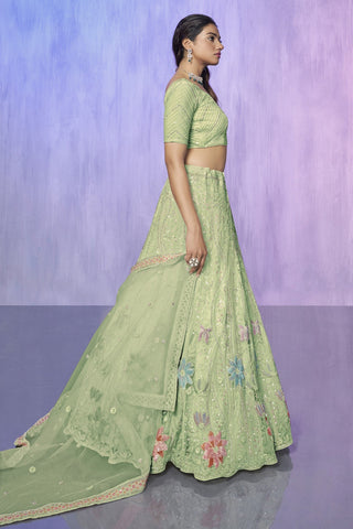 Green Pakistani Net Lehenga Choli For Indian Festivals & Weddings
