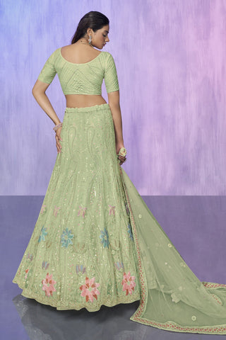 Green Pakistani Net Lehenga Choli For Indian Festivals & Weddings