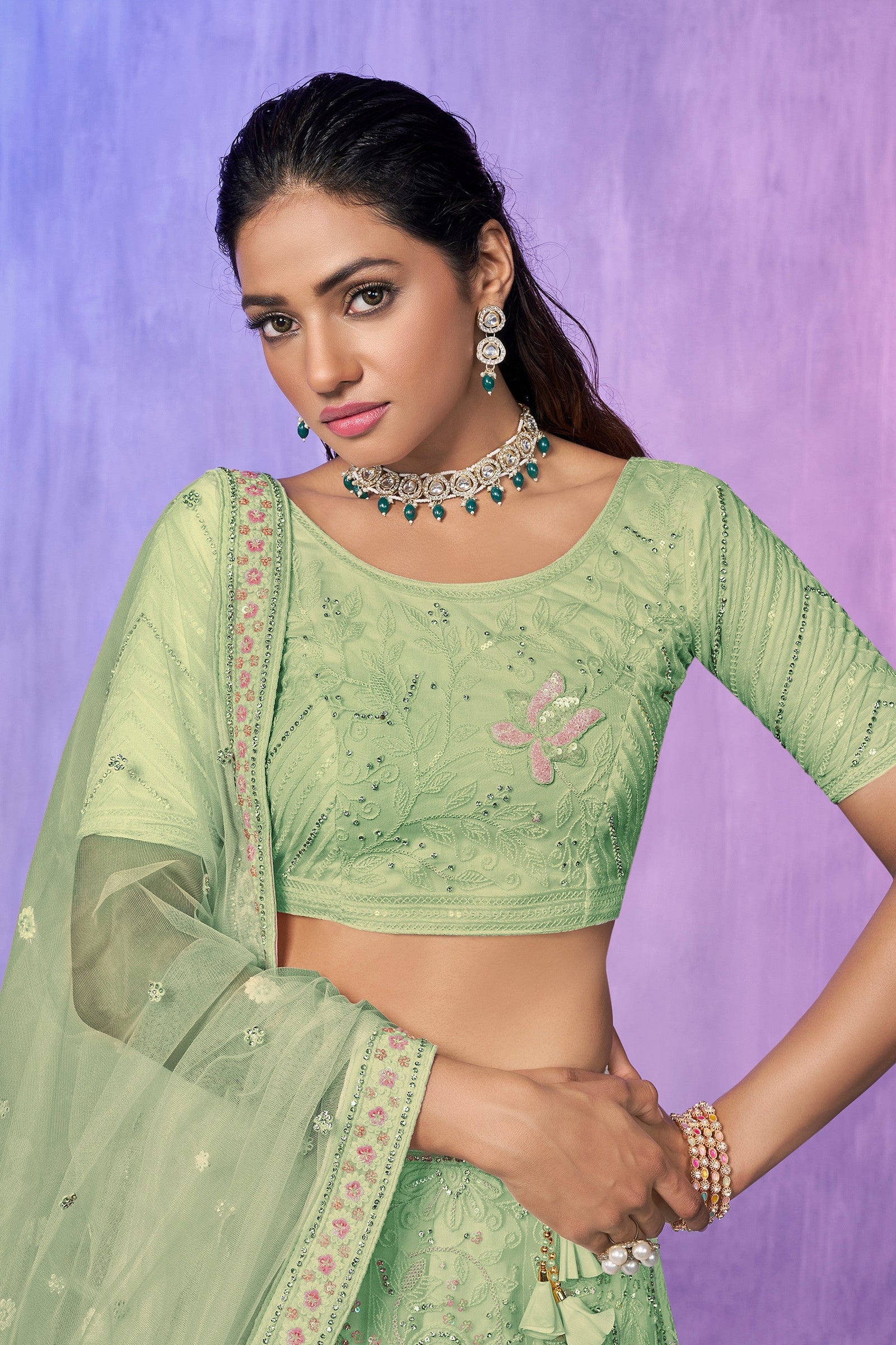 Green Pakistani Net Lehenga Choli For Indian Festivals & Weddings