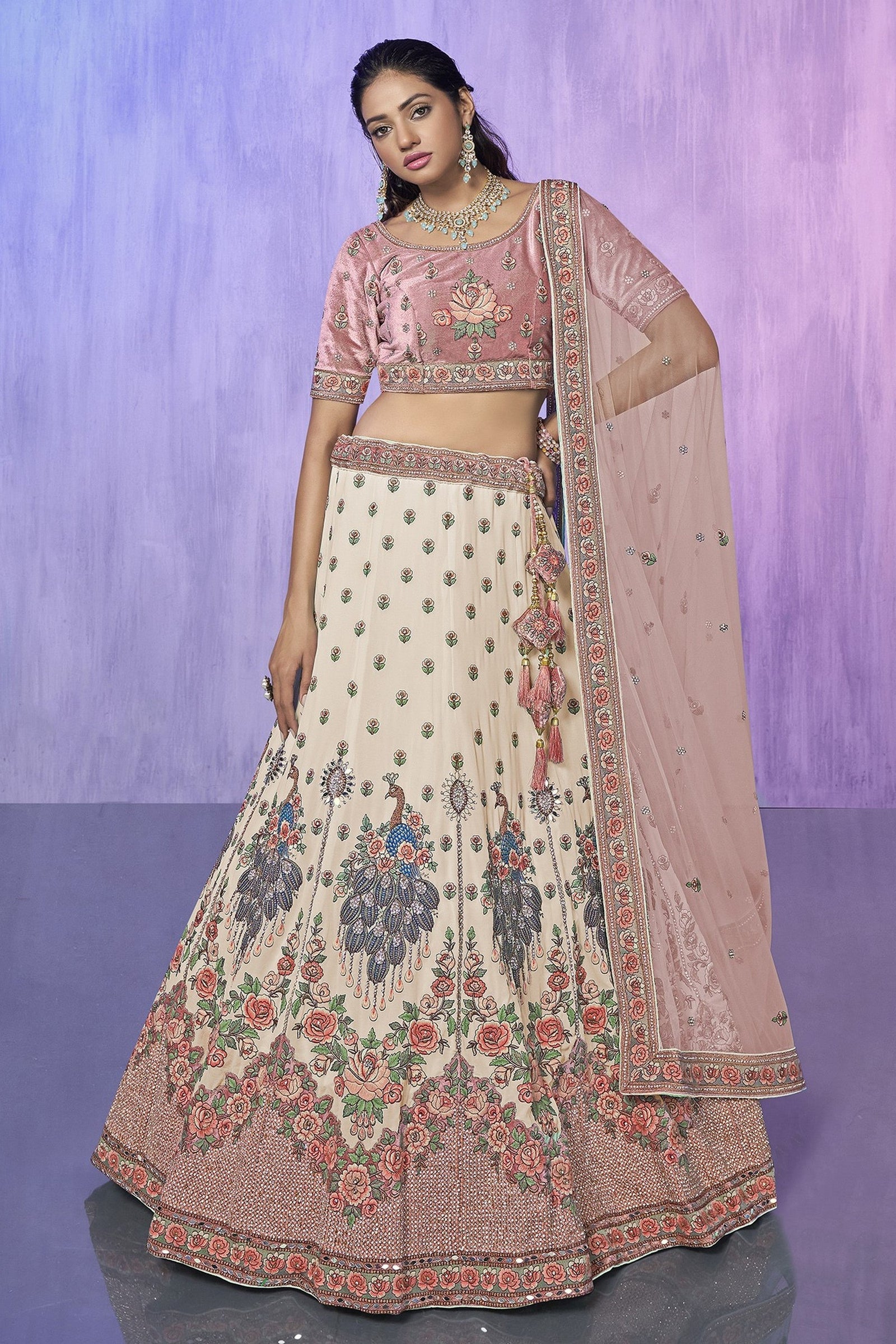 White Pakistani Velvet Lehenga Choli For Indian Festivals & Weddings