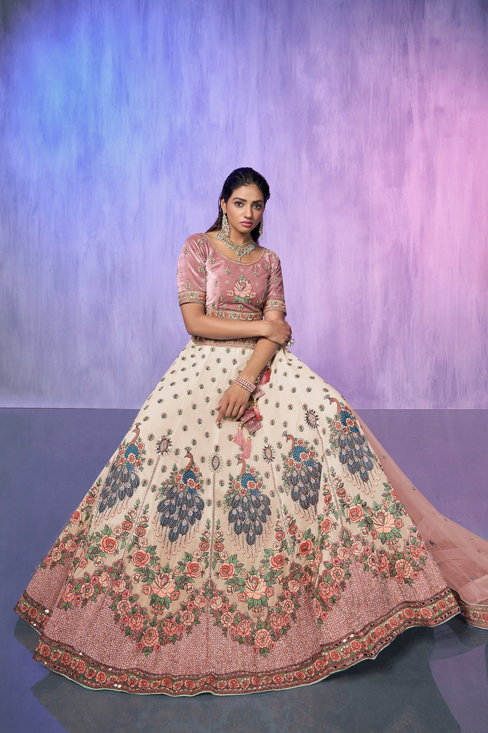 White Pakistani Velvet Lehenga Choli For Indian Festivals & Weddings