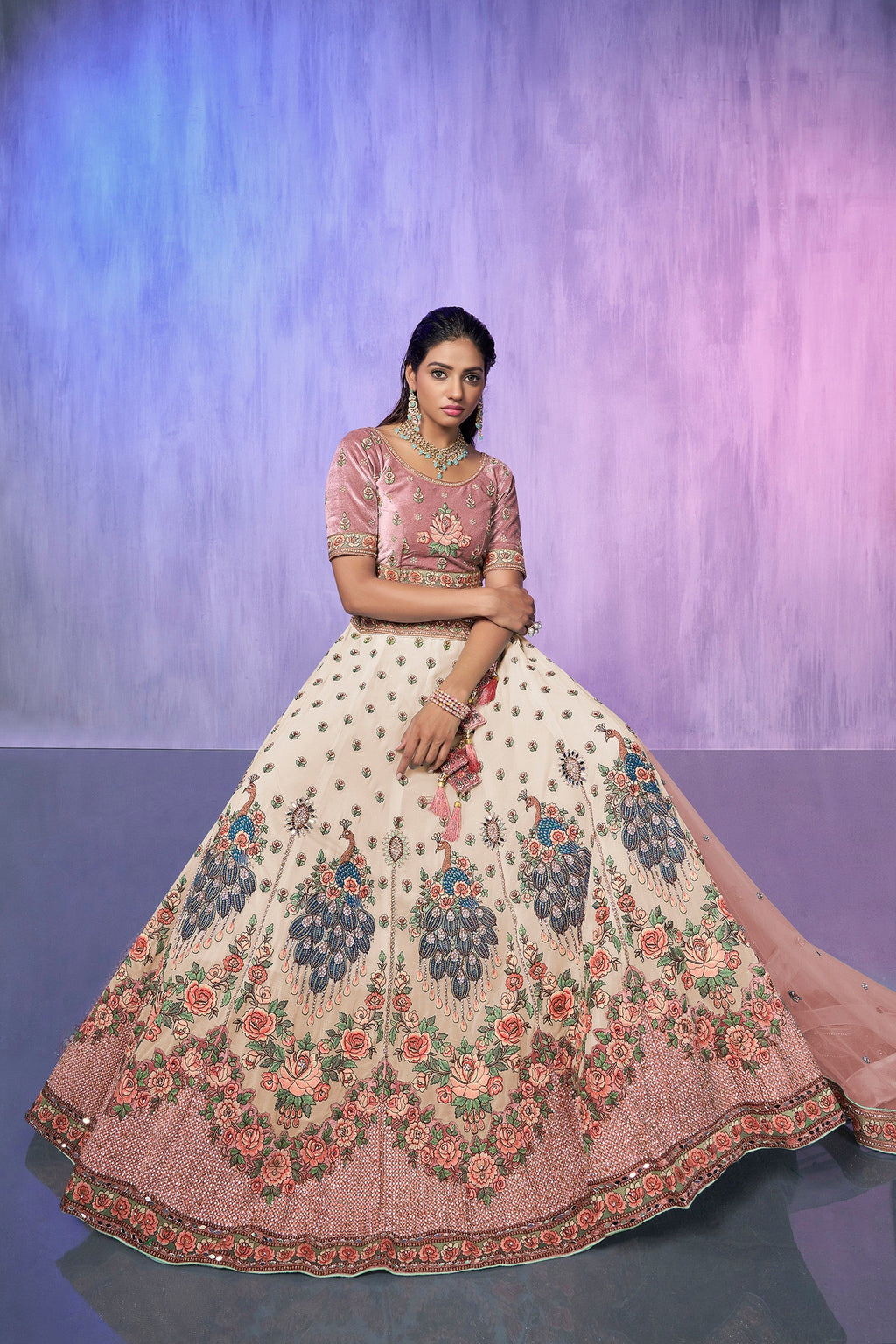 White Pakistani Velvet Lehenga Choli For Indian Festivals & Weddings