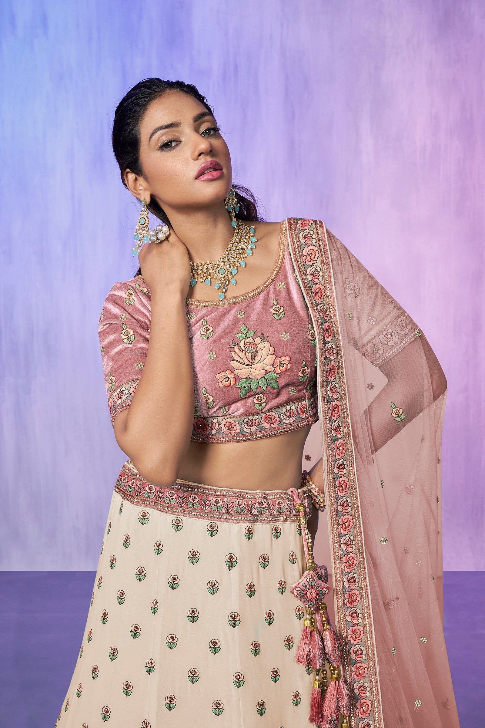 White Pakistani Velvet Lehenga Choli For Indian Festivals & Weddings