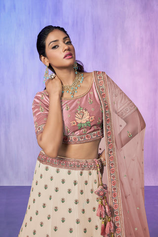 White Pakistani Velvet Lehenga Choli For Indian Festivals & Weddings
