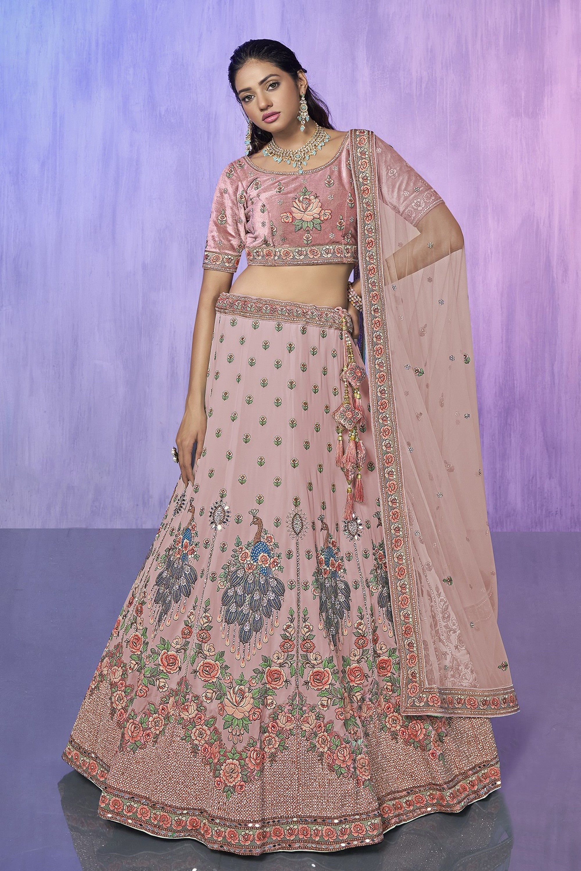 Peach Pakistani Velvet Lehenga Choli For Indian Festivals & Weddings Main image