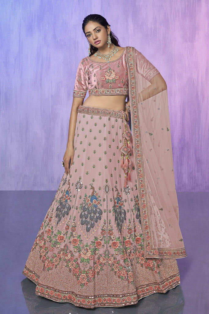 Peach Pakistani Velvet Lehenga Choli For Indian Festivals & Weddings