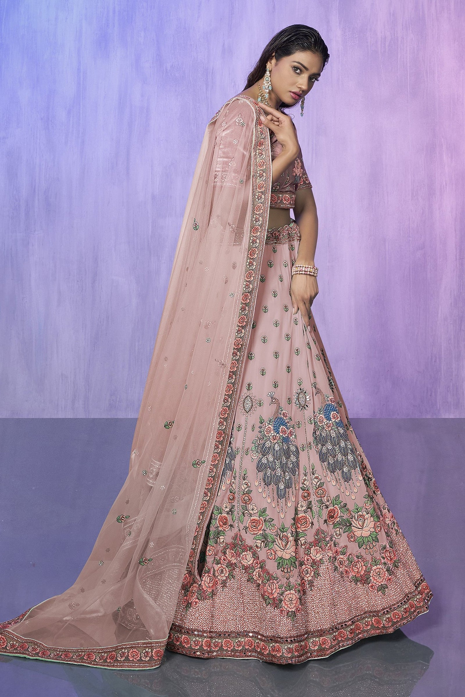 Peach Pakistani Velvet Lehenga Choli For Indian Festivals & Weddings