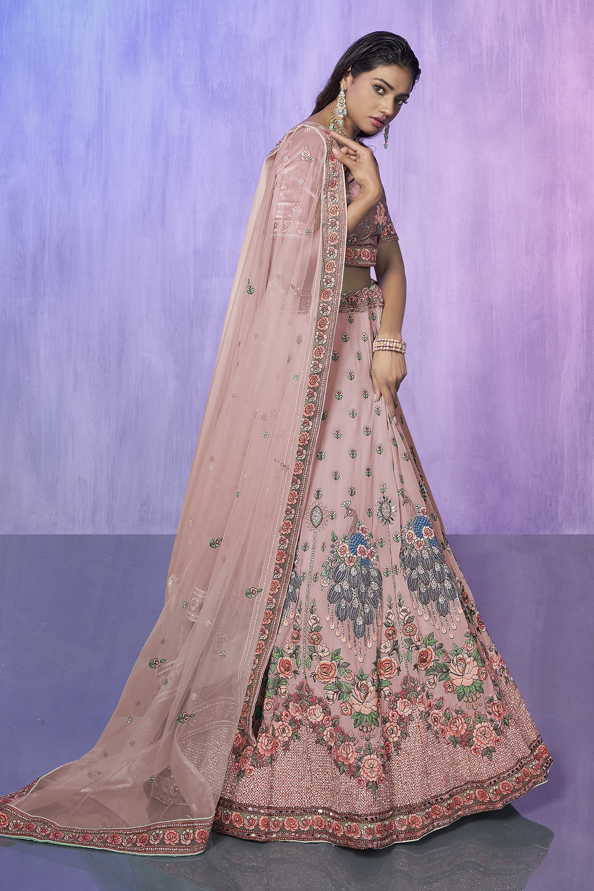 Peach Pakistani Velvet Lehenga Choli For Indian Festivals & Weddings