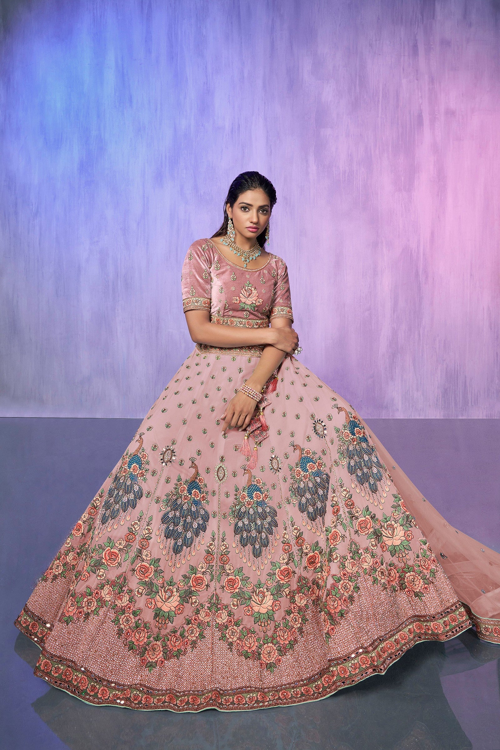 Peach Pakistani Velvet Lehenga Choli For Indian Festivals & Weddings