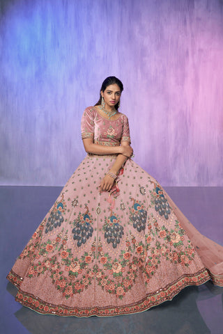 Peach Pakistani Velvet Lehenga Choli For Indian Festivals & Weddings