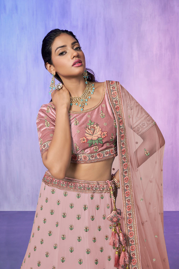 Peach Pakistani Velvet Lehenga Choli For Indian Festivals & Weddings