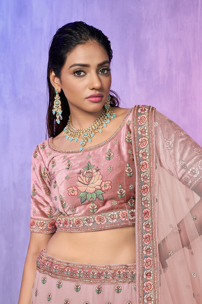 Peach Pakistani Velvet Lehenga Choli For Indian Festivals & Weddings