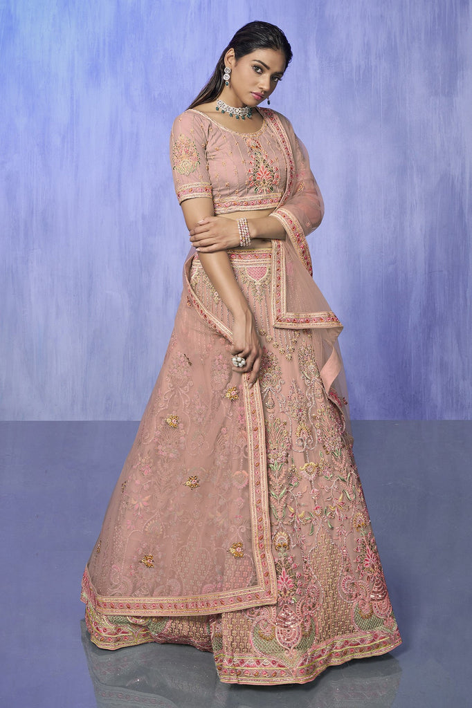 Peach Pakistani Net Lehenga Choli For Indian Festivals & Weddings