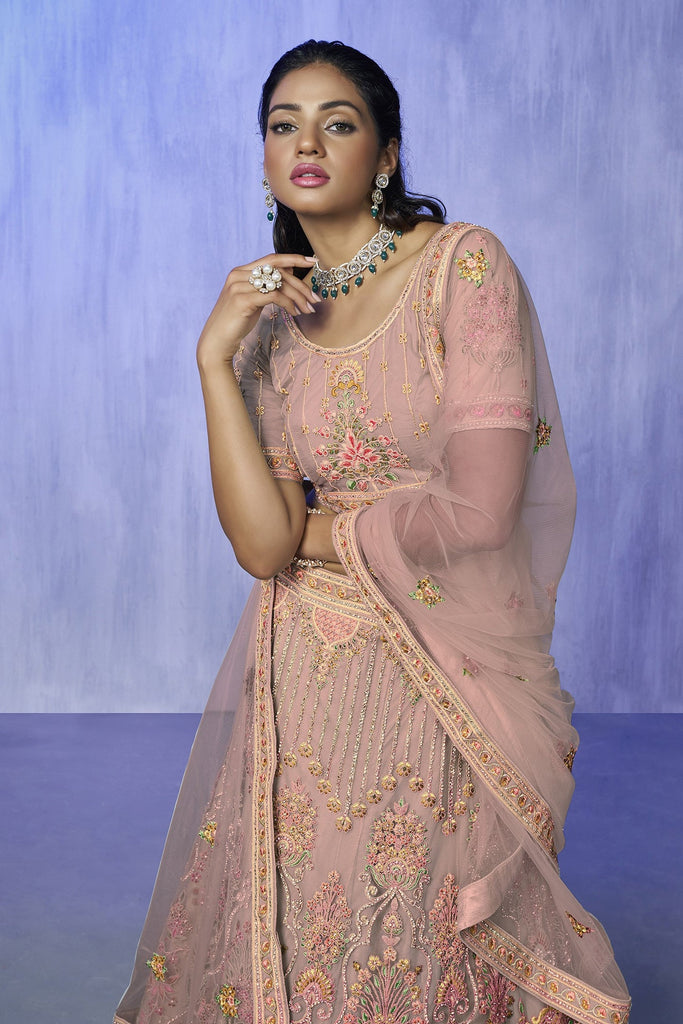 Peach Pakistani Net Lehenga Choli For Indian Festivals & Weddings