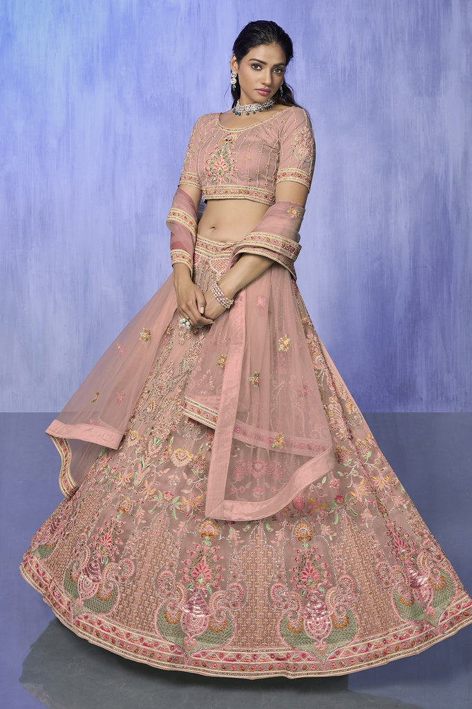 Peach Pakistani Net Lehenga Choli For Indian Festivals & Weddings