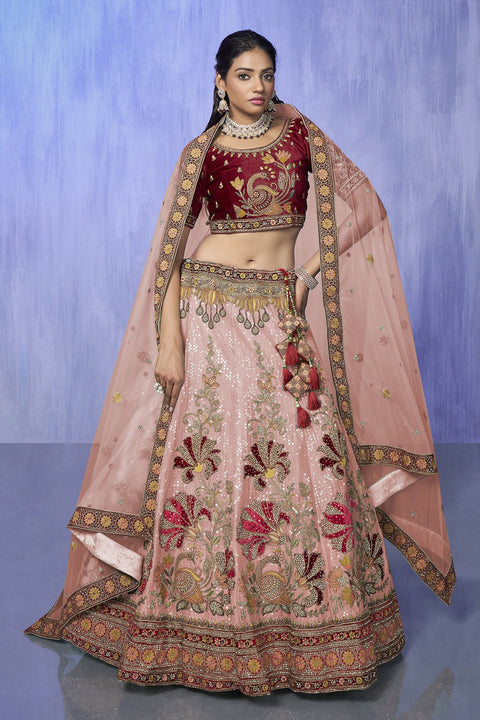 Peach Pakistani Velvet Lehenga Choli For Indian Festivals & Weddings Main image